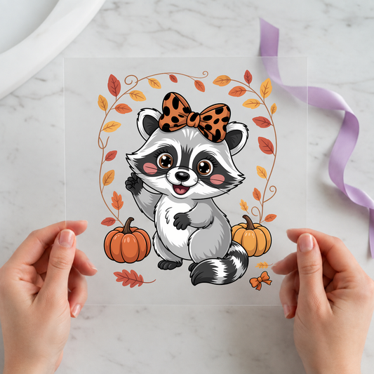 Cute Fall Raccoon individual product photo included in the Fall & Pumpkin Volume 1 five-pack DTF transfer bundle