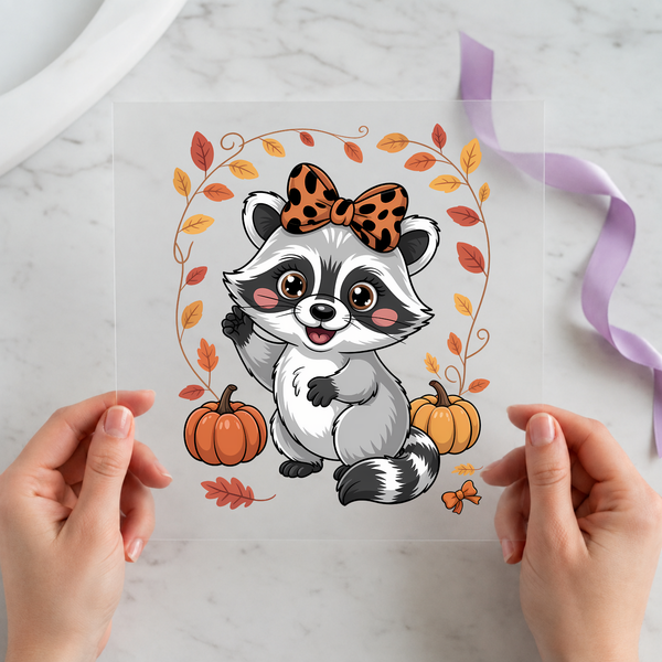 Cute Fall Raccoon individual product photo included in the Fall & Pumpkin Volume 1 five-pack DTF transfer bundle