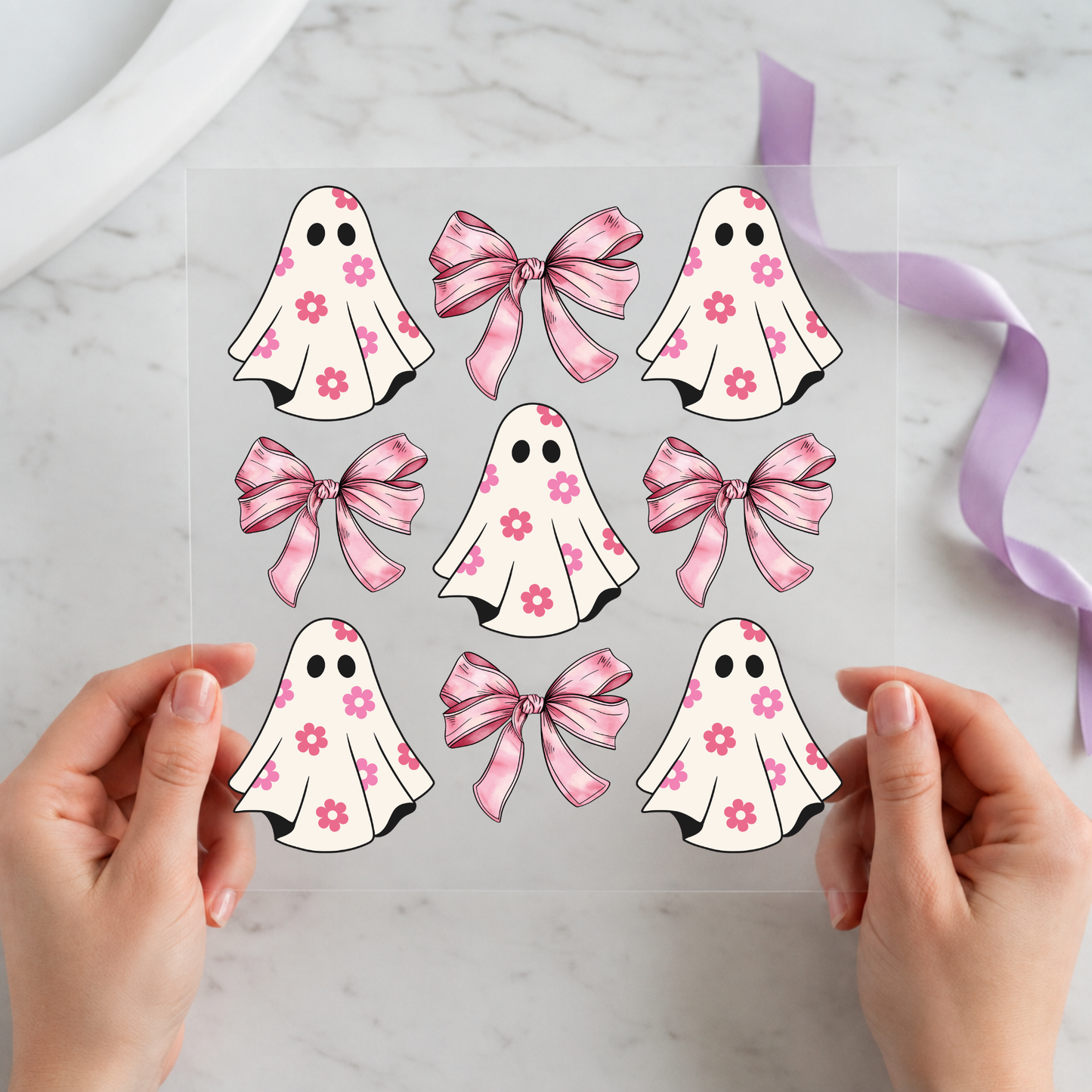 Cute Ghosts and Pink Bows individual product photo included in the Halloween Volume 12 five-pack DTF transfer bundle