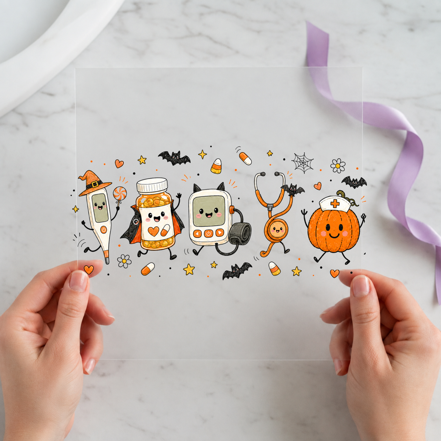 Cute Halloween Treat Crew featuring happy candy corn, drink, ghost treat and jack-o-lantern characters on a 12x12 ready-to-press DTF heat transfer
