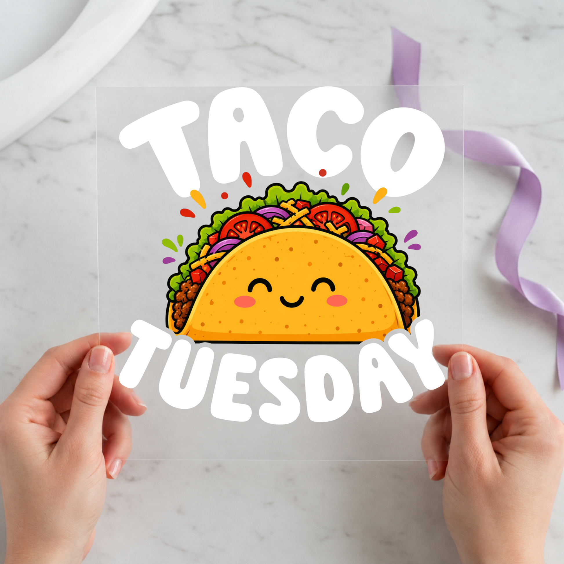 Cute Taco Tuesday featuring smiling taco character centered in large white Taco Tuesday lettering on a 12x12 ready-to-press DTF heat transfer