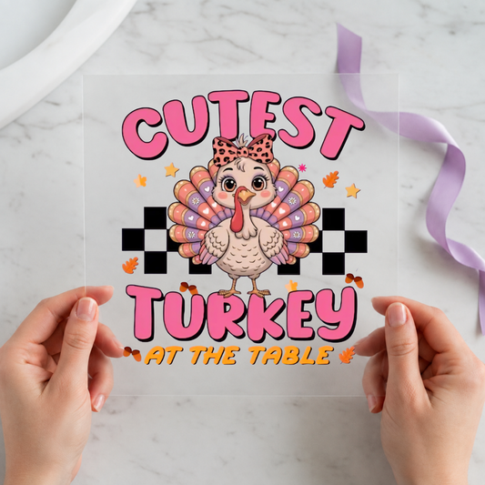 Cutest Turkey at the Table 12x12 Ready-to-Press DTF Transfer showing cutest turkey at the table artwork with animal lover gift, cute animal shirt, funny animal gift