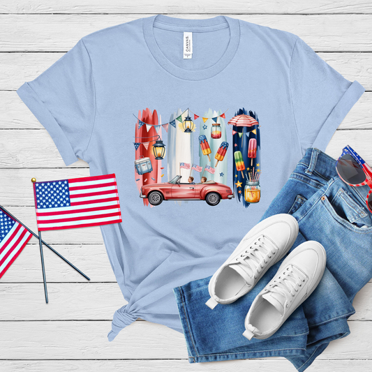 Fourth of July Retro Celebration Tee - Vintage Road Trip & Firework Design for Patriotic Style