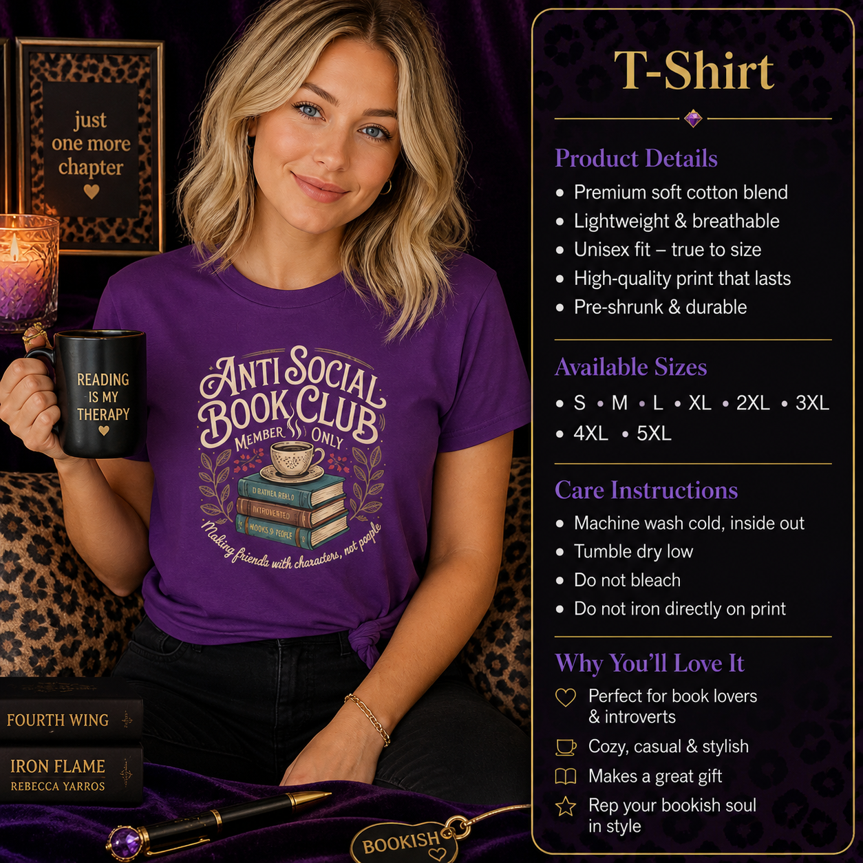 Woman wearing Cozy Coffee & Books Anti Social Book Club T-Shirt for Readers holding mug reading with cozy leopard print accents.