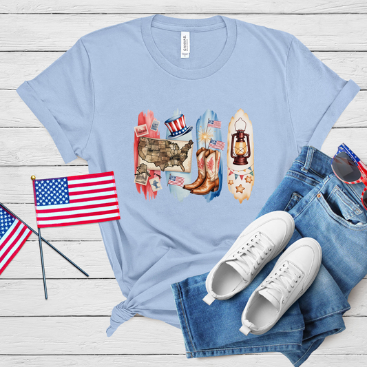 Celebrate Freedom T-Shirt: Vintage Americana Design with Cowboy Boots & Patriotic Lantern
