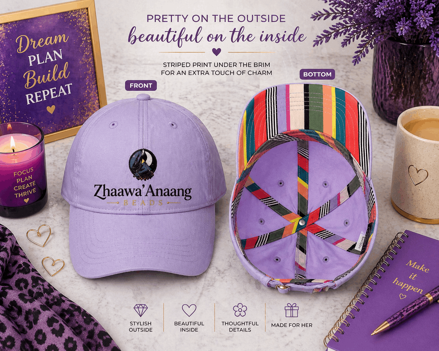 Custom Infinity Her CASSIE Women’s Pigment-Dyed Hat with Polka Dot Undervisor – DTF Printed Logo Cap, Personalized Women’s Boutique Baseball Hat, Custom Business Merch