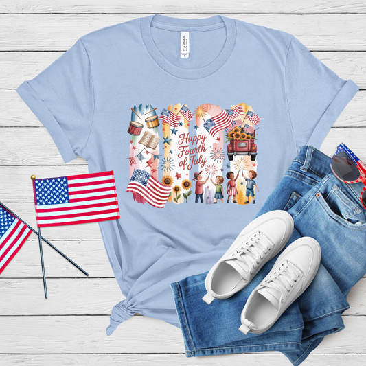 Festive Fourth of July Family Tee - Celebrate Independence Day in Comfort & Style | Patriotic American Flag & Fireworks Shirt