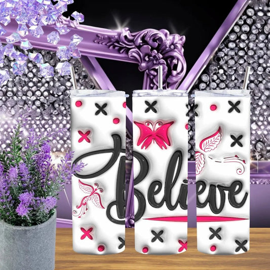 Believe 20oz Tumbler 3D Puffy Butterfly Stainless Steel Gift For Her Handmade Pink And Black Aesthetic Drinkware by Marie Gems