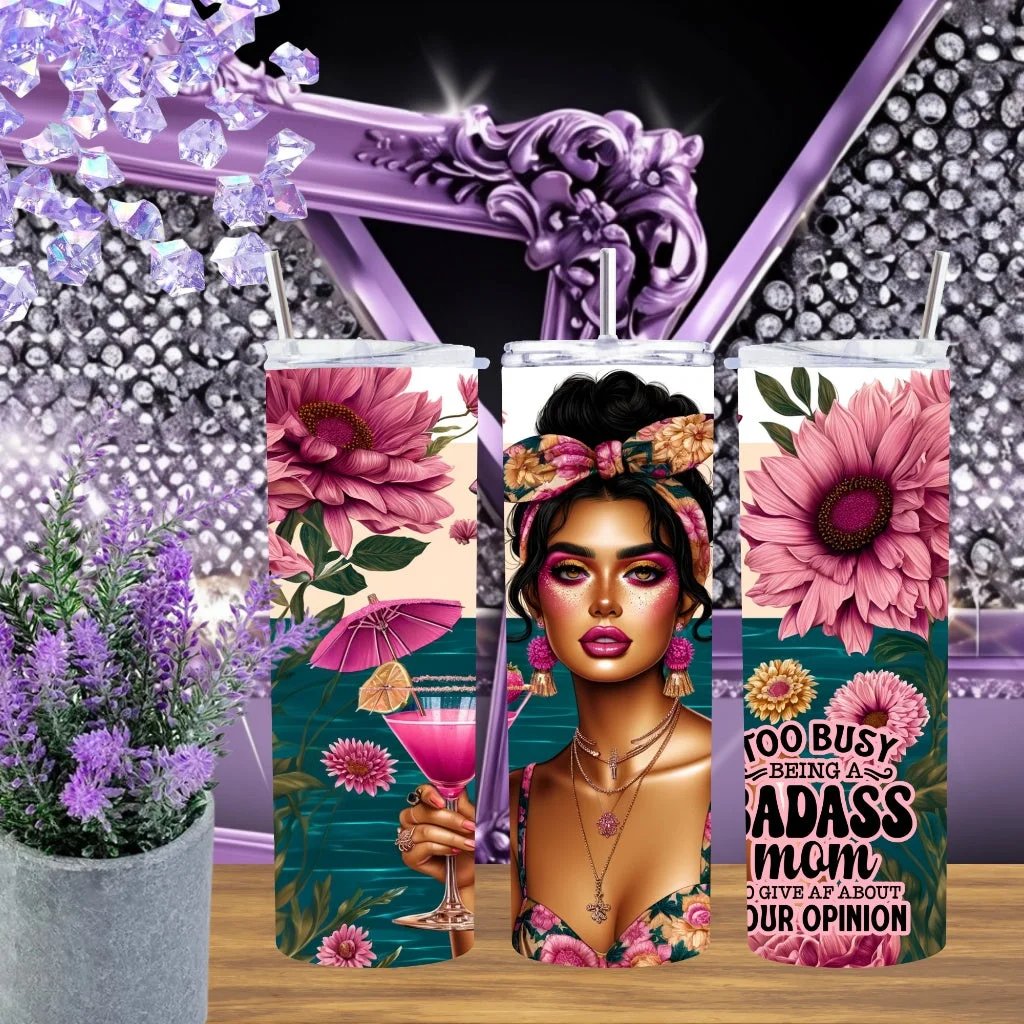 Badass Mom Tumbler 20oz and 30oz Handmade Stainless Steel Cup Sassy Mothers Day Gift Pink Floral Beach Girl Drinkware by Marie Gems