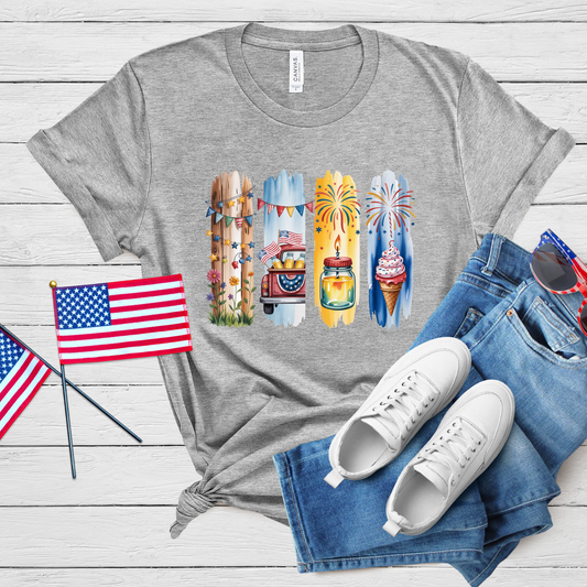 Charming Fourth of July Festivities Tee - Celebrate with Americana Icons & Summer Fun | Patriotic Graphic Shirt