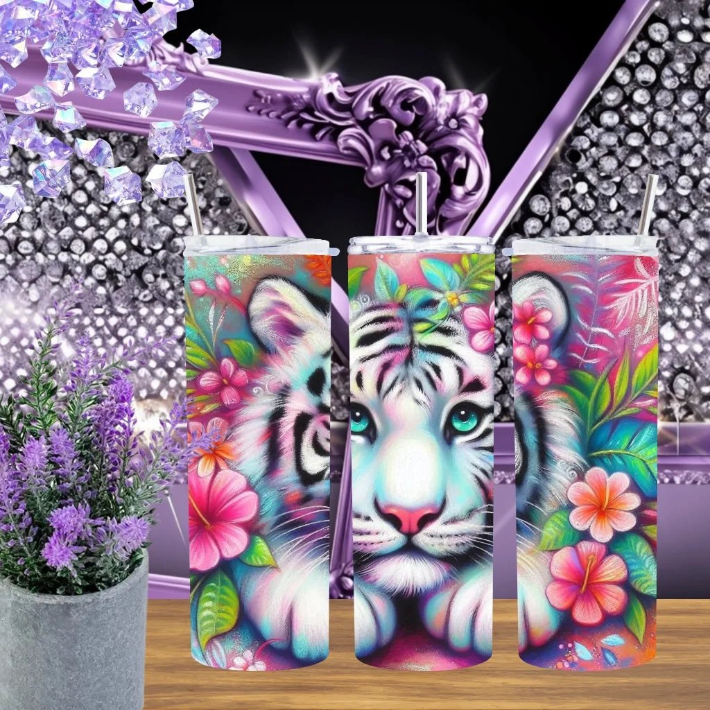 Colorful White Tiger 20oz Tumbler Tropical Floral Stainless Steel Cup Handmade Exotic Summer Drinkware Gift for Her by Marie Gems