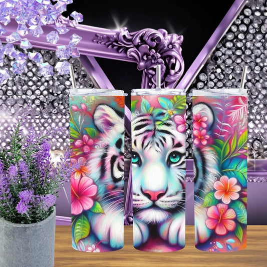 Colorful White Tiger 20oz Tumbler Tropical Floral Stainless Steel Cup Handmade Exotic Summer Drinkware Gift for Her by Marie Gems