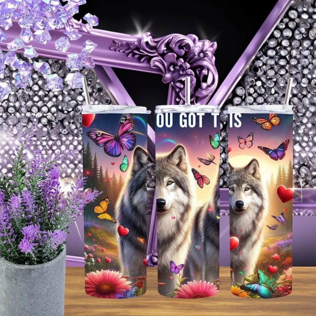 You Got This Wolf 20oz Tumbler Stainless Steel Gift For Her Motivational Wolf Lover Butterfly Design by Marie Gems