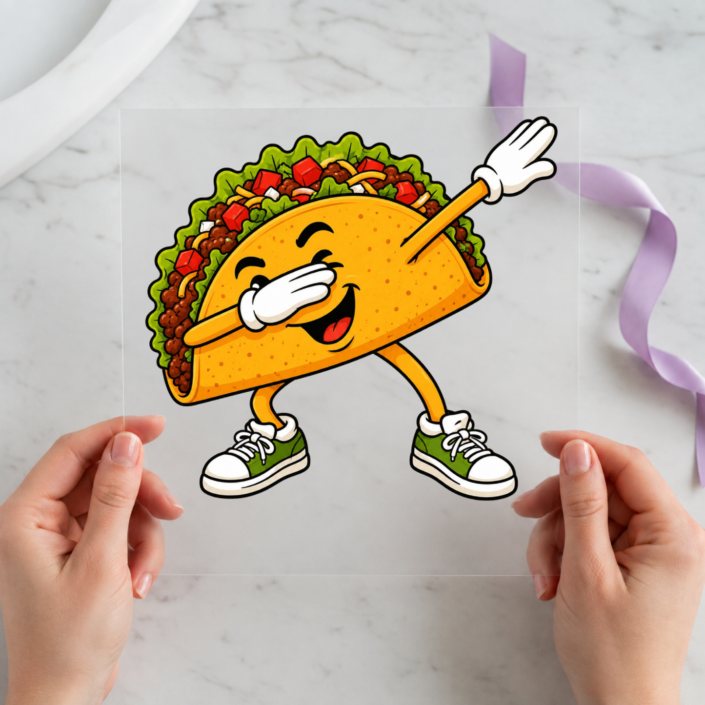 Dabbing Taco featuring cartoon taco performing a dab pose on a 12x12 ready-to-press DTF heat transfer