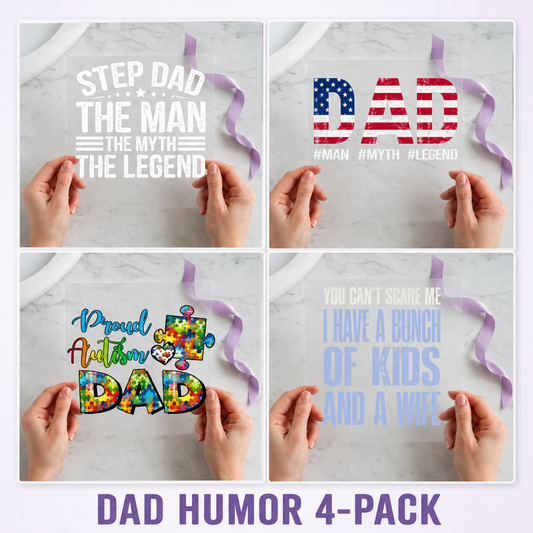 Dad Humor four-pack 12x12 ready-to-press DTF transfer bundle collage