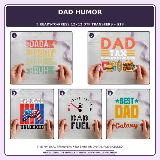 Dad Humor five-pack 12x12 ready-to-press DTF transfer bundle collage showing all five included designs