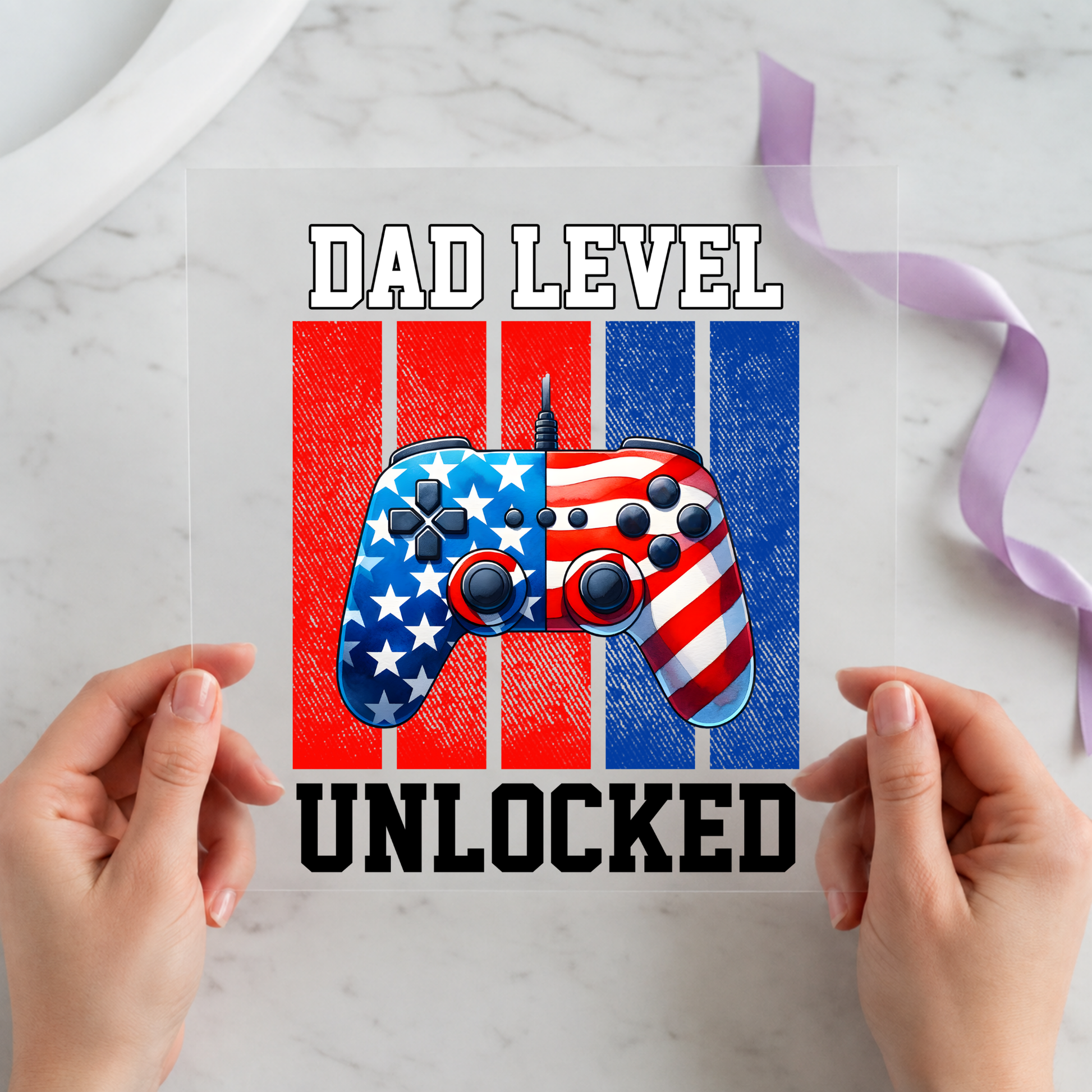 Dad Level Unlocked 12 by 12 ready-to-press DTF heat transfer for a dad shirt