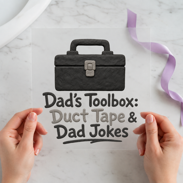 Dad's Toolbox DTF transfer mockup with tool-themed lettering for a Father's Day gift