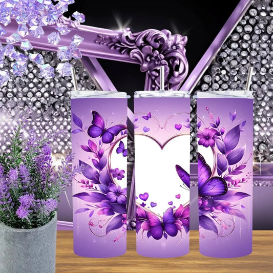 Purple Grace 20oz Tumbler Stainless Steel Cup Butterfly Heart Lavender Floral Gift For Her Handmade Ethereal Drinkware by Marie Gems
