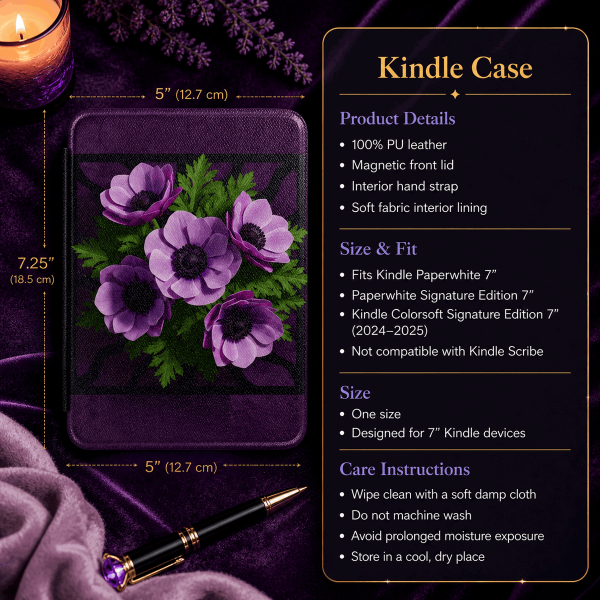 Purple Floral Handmade 7-Inch Kindle Paperwhite Case showing purple floral kindle case artwork with purple floral kindle case, personalized kindle case, kindle paperwhite case