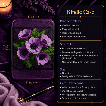 Purple Floral Handmade 7-Inch Kindle Paperwhite Case showing purple floral kindle case artwork with purple floral kindle case, personalized kindle case, kindle paperwhite case