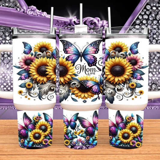 Mom Life 40oz Tumbler With Handle Sunflower Butterfly Stainless Steel Cup Floral Mothers Day Gift Insulated Travel Mug by Marie Gems