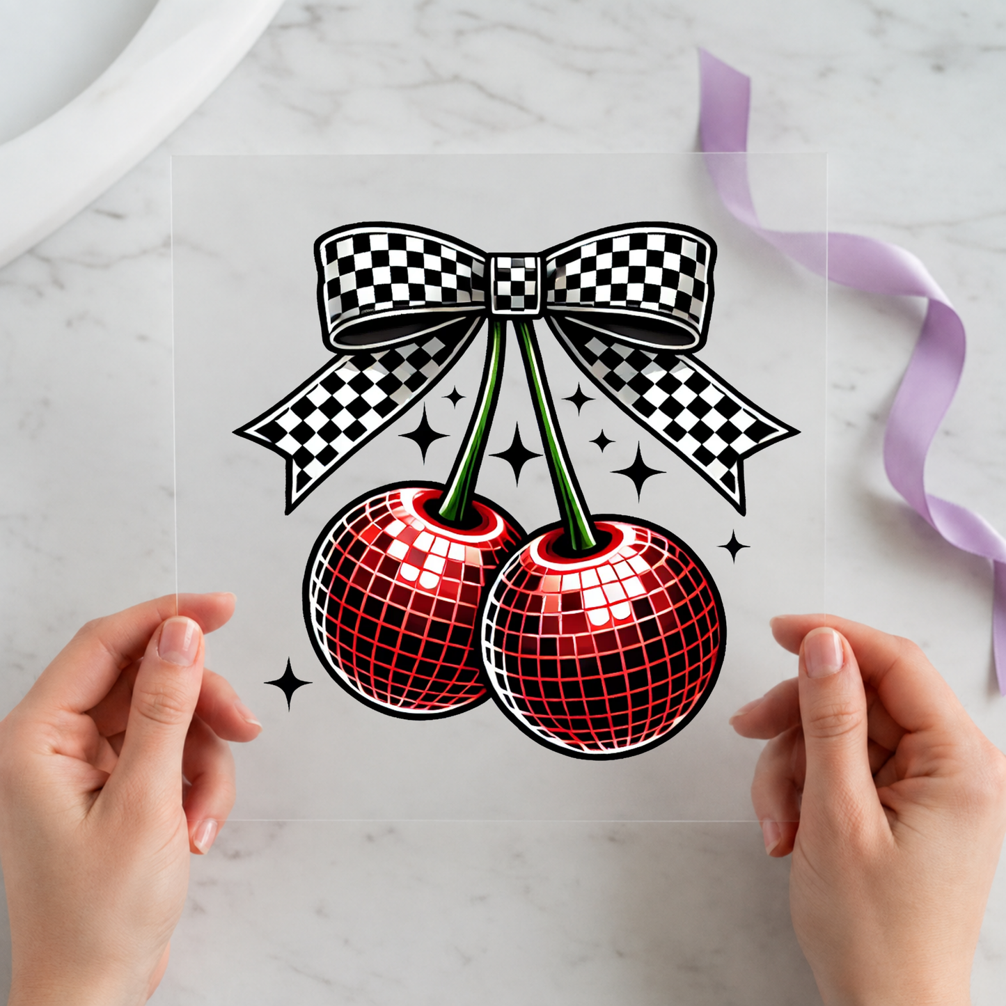 Disco Cherries Bow 12 by 12 ready-to-press DTF heat transfer for a funny cat shirt