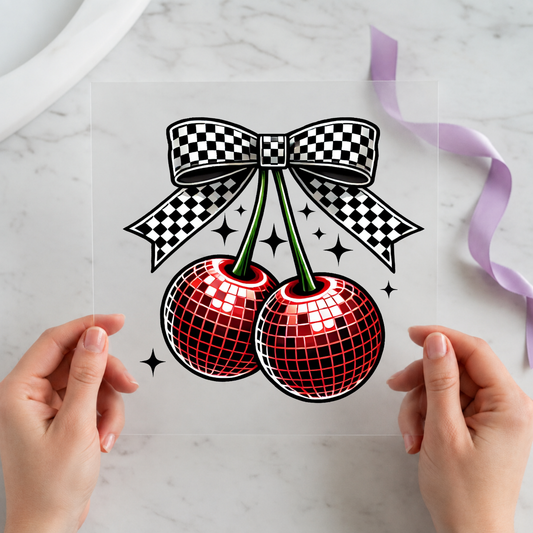 Disco Cherries Bow individual product photo included in the Funny Cat Curated Mix 3 five-pack DTF transfer bundle