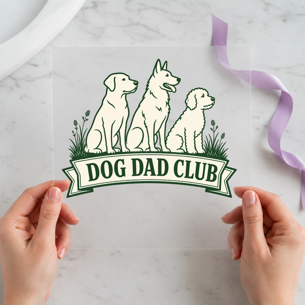 Dog Dad Club DTF transfer mockup with three dog breeds and ribbon banner design for a pet owner gift