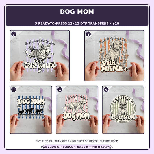 Dog Mom five-pack 12x12 ready-to-press DTF transfer bundle collage showing all five included designs