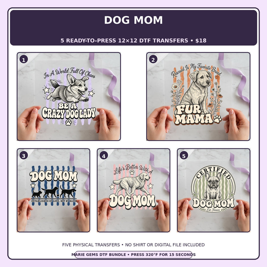 Dog Mom five-pack 12x12 ready-to-press DTF transfer bundle collage showing all five included designs