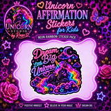 Unicorn Affirmation Stickers for Kids Vinyl Sticker Pack showing unicorn affirmation stickers for kids artwork with inspirational stickers for girls, motivational stickers for