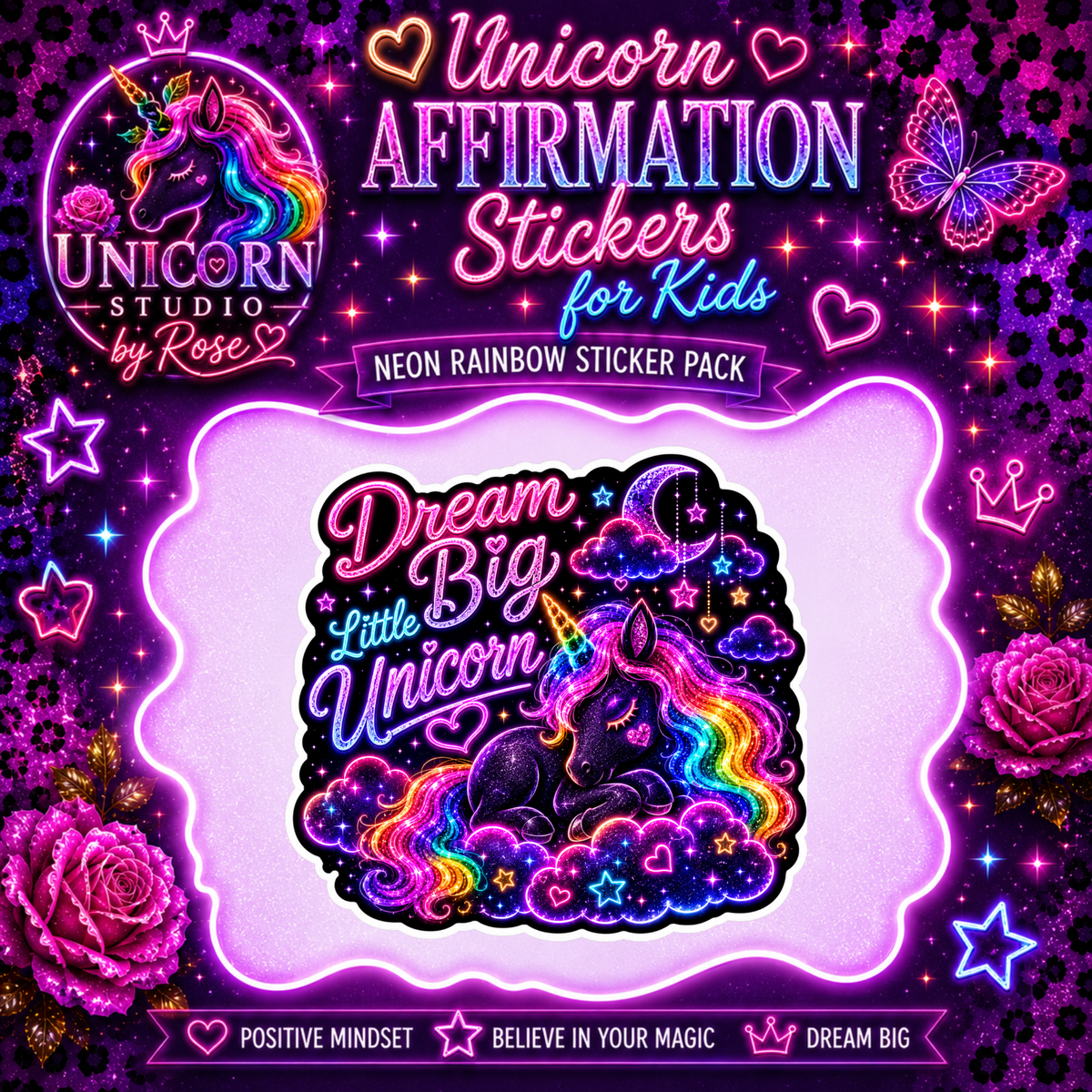 Unicorn Affirmation Stickers for Kids Vinyl Sticker Pack showing unicorn affirmation stickers for kids artwork with inspirational stickers for girls, motivational stickers for