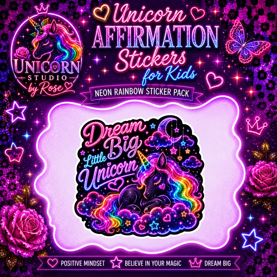 Unicorn Affirmation Stickers for Kids Vinyl Sticker Pack showing unicorn affirmation stickers for kids artwork with inspirational stickers for girls, motivational stickers for