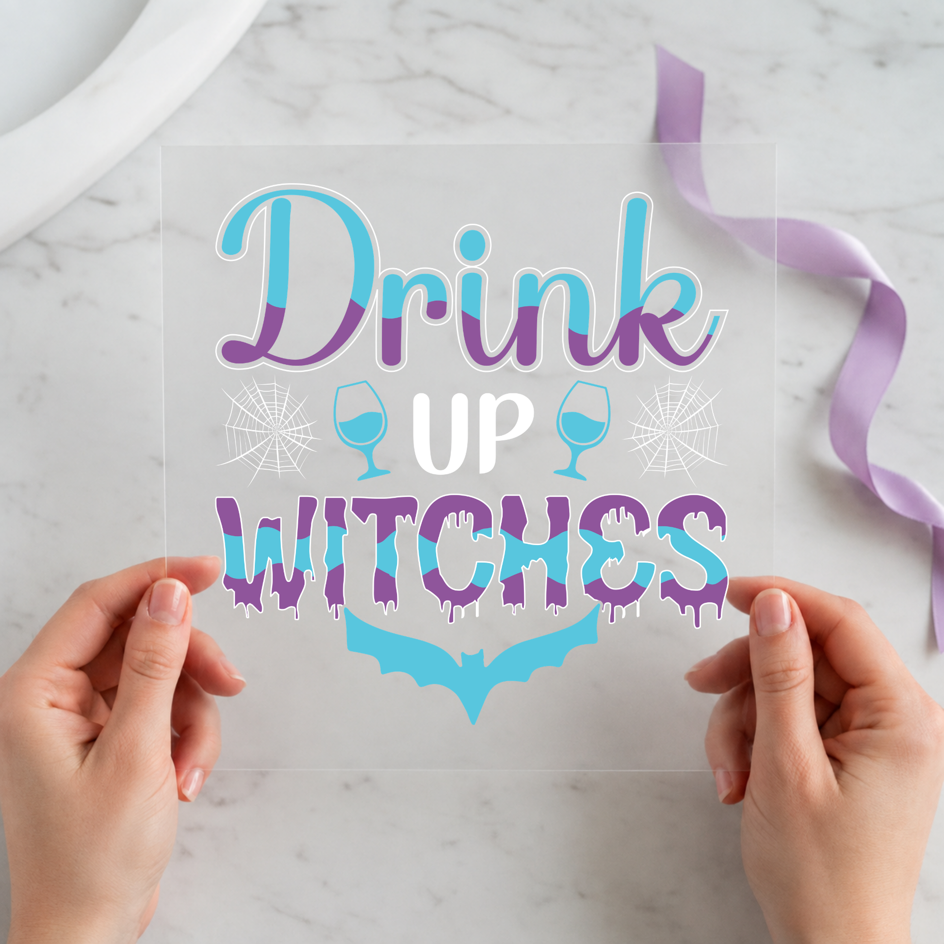Drink Up Witches 12 by 12 ready-to-press DTF heat transfer for a Halloween shirt