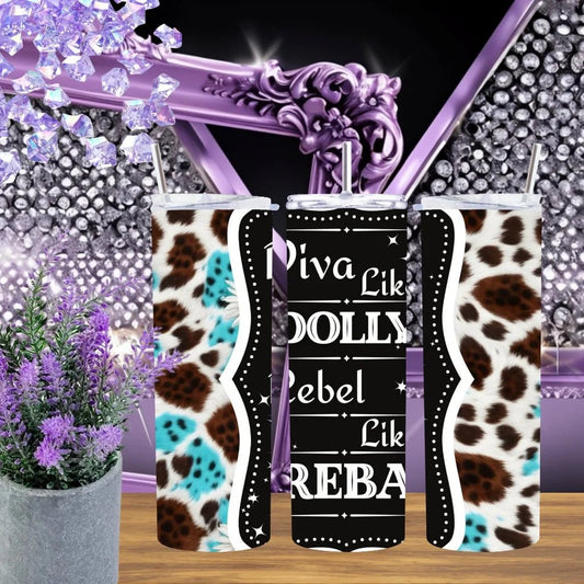 Diva Like Dolly 20oz Tumbler Rebel Like Reba Stainless Steel Cup Teal Leopard Print Drinkware Country Music Gift by Marie Gems