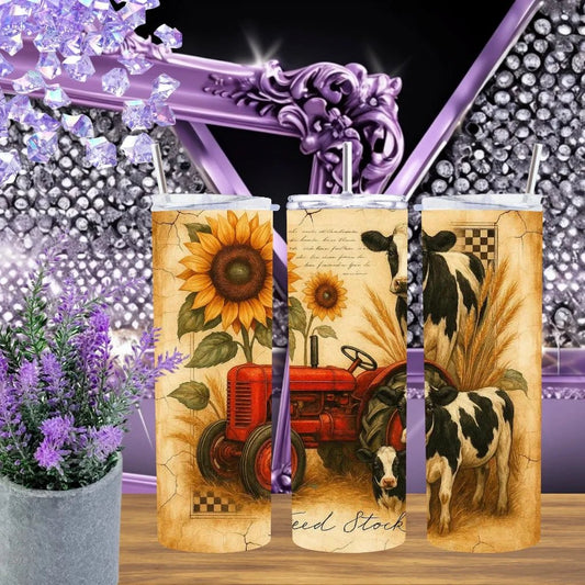Vintage Farmhouse 20oz Tumbler Stainless Steel Cup Tractor Holstein Cow Rustic Country Sunflower Gift Handmade Drinkware by Marie Gems