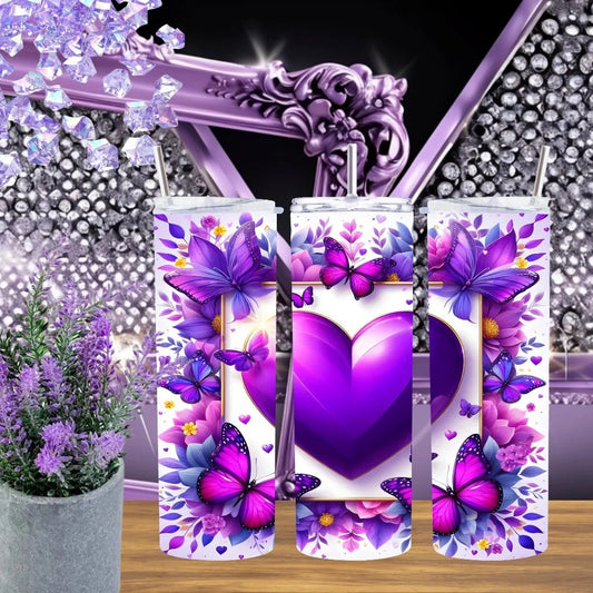 Purple Butterfly 20oz Tumbler With 3D Heart Stainless Steel Cup Amethyst Aesthetic Floral Drinkware Gift For Her by Marie Gems