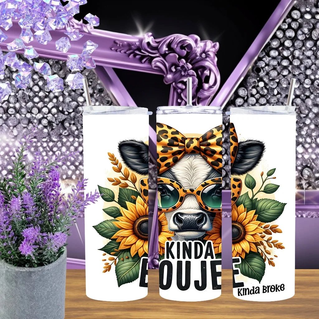 Sassy Cow 20oz Tumbler Kinda Boujee Kinda Broke Stainless Cup Handmade Sunflower Leopard Drinkware Farmhouse Gift by Marie Gems