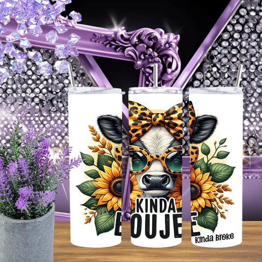 Sassy Cow 20oz Tumbler Kinda Boujee Kinda Broke Stainless Cup Handmade Sunflower Leopard Drinkware Farmhouse Gift by Marie Gems