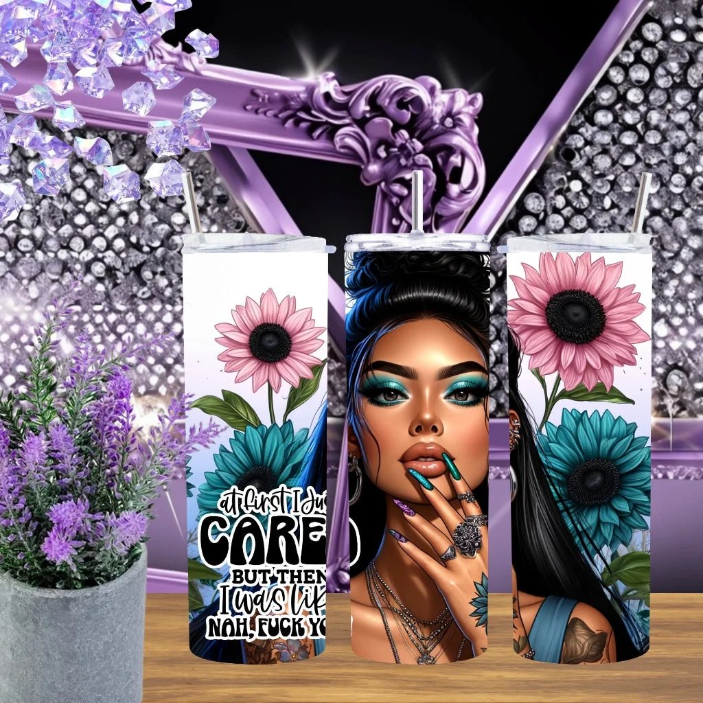 Sassy Girl 20oz Tumbler • At First I Cared Stainless Steel Cup • Funny Sarcastic Gift for Her • Handmade Pink and Teal Aesthetic Edgy Drinkware by Marie Gems