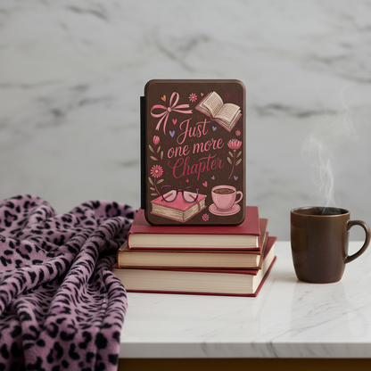 Just One More Chapter Alternate 7-Inch Kindle Paperwhite Case showing a charming floral coffee and glasses design, product image 2