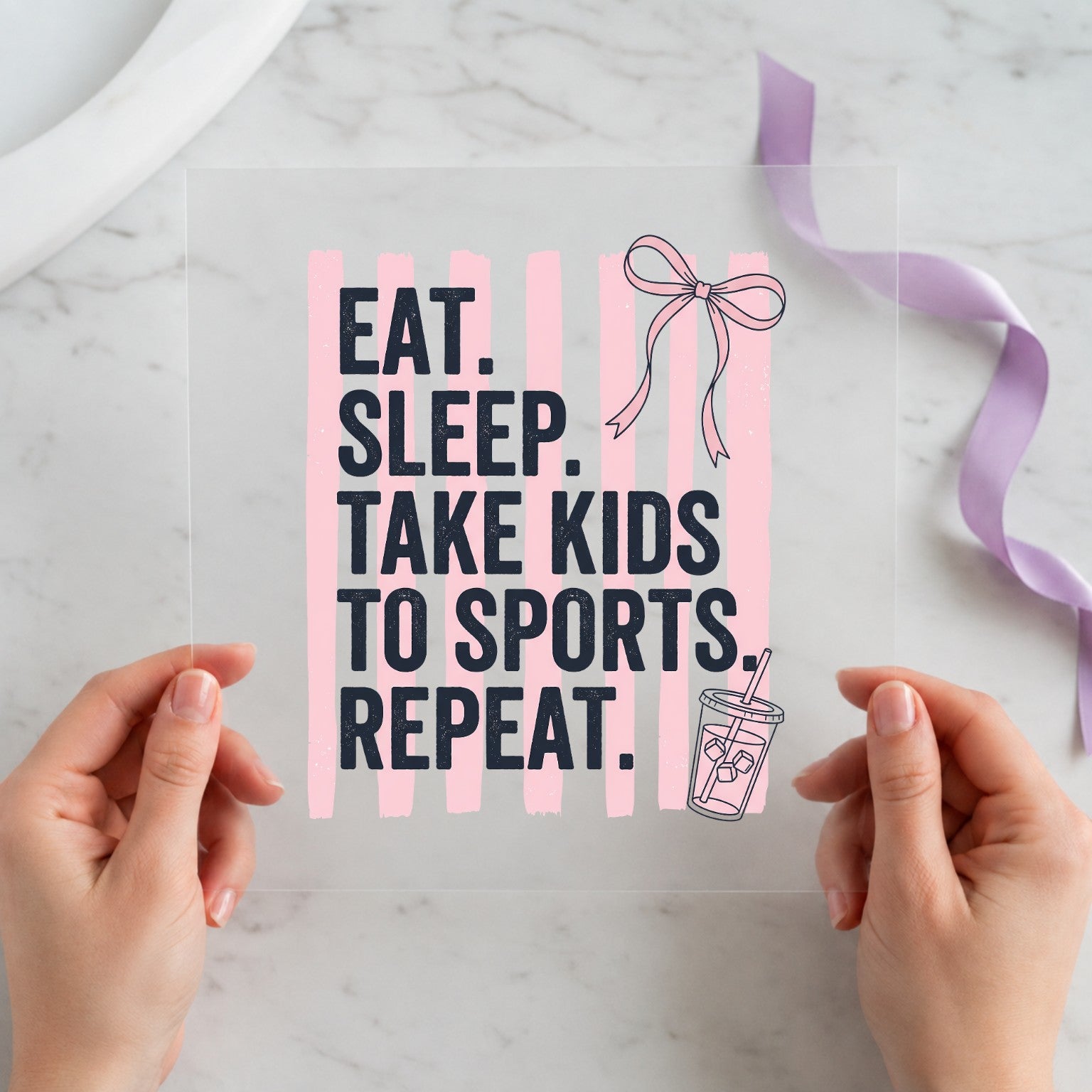 Eat Sleep Take Kids to Sports Repeat pink striped sports mom 12x12 ready-to-press DTF transfer