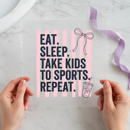 Eat Sleep Take Kids to Sports individual product photo included in the Sports & Game Day Volume 2 five-pack DTF transfer bundle