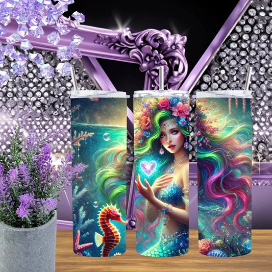 Glowing Mermaid 20 Ounce Tumbler Ocean Siren Stainless Steel Cup Handmade Neon Tropical Undersea Drinkware by Marie Gems