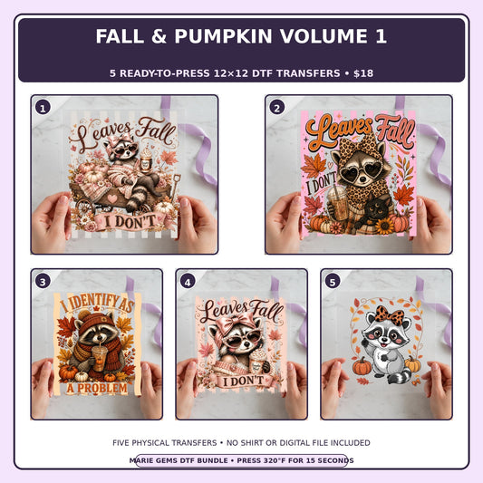 Fall & Pumpkin Volume 1 five-pack 12x12 ready-to-press DTF transfer bundle collage showing all five included designs
