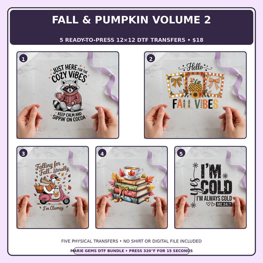 Fall & Pumpkin Volume 2 five-pack 12x12 ready-to-press DTF transfer bundle collage showing all five included designs