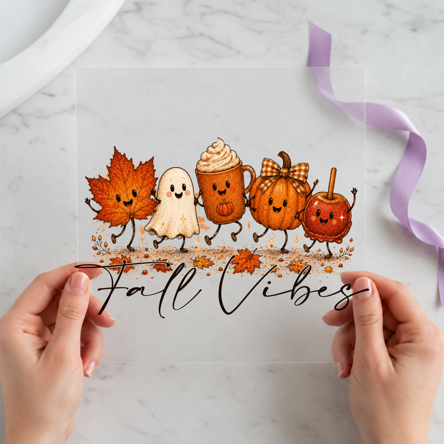 Fall Vibes Cute Autumn Characters featuring leaf, ghost, coffee and pumpkin characters walking together on a 12x12 ready-to-press DTF heat transfer