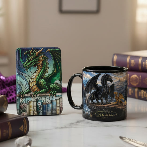 Dragon Kindle case and fantasy reader coffee mug gift bundle