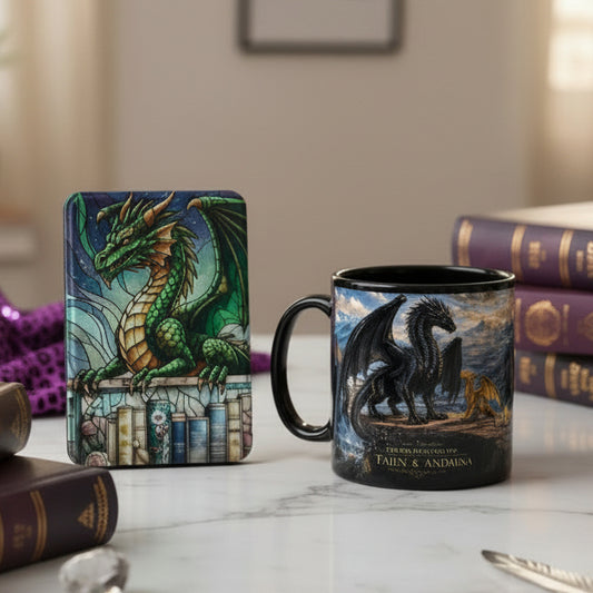 Dragon Kindle case and fantasy reader coffee mug gift bundle